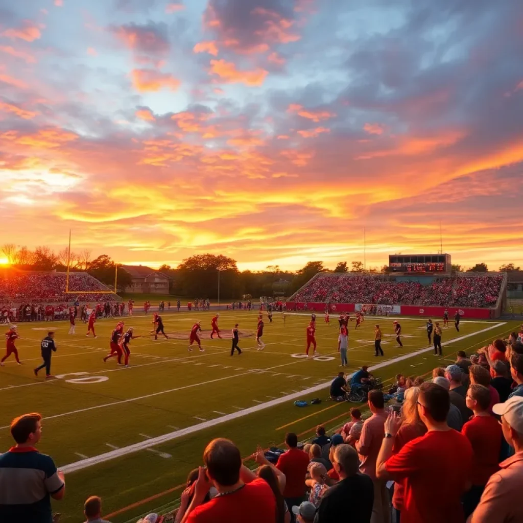 High school football teams competing in a game with energetic fans in the background.