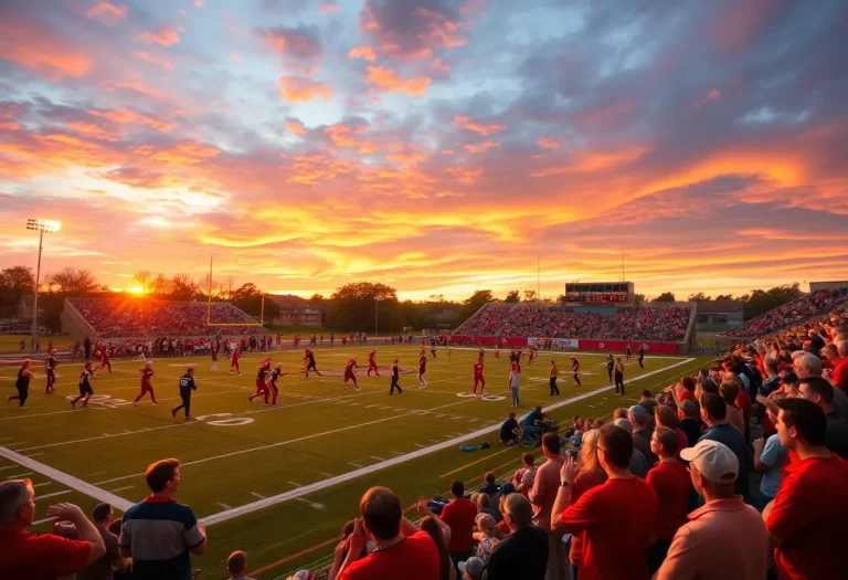 High school football teams competing in a game with energetic fans in the background.