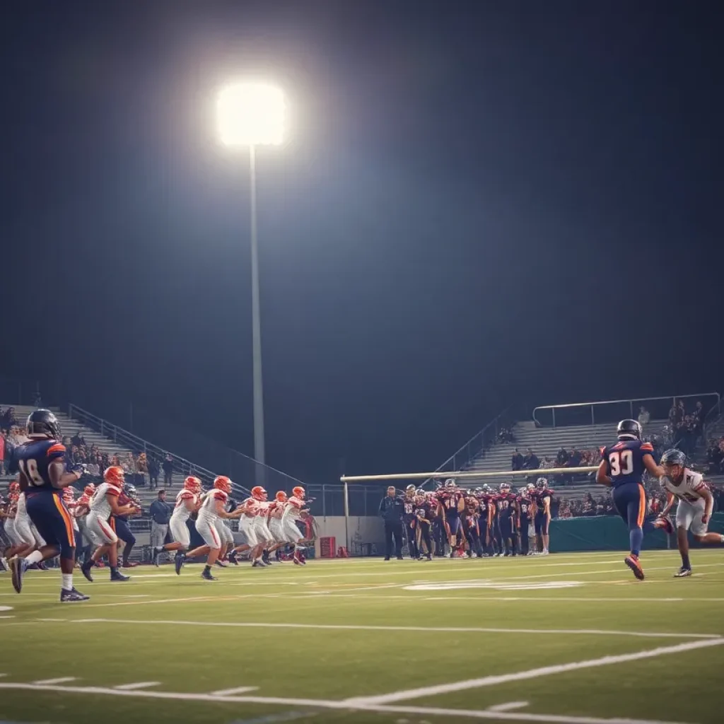 Players from Iowa high schools playing football under stadium lights during playoffs