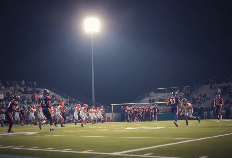 Players from Iowa high schools playing football under stadium lights during playoffs