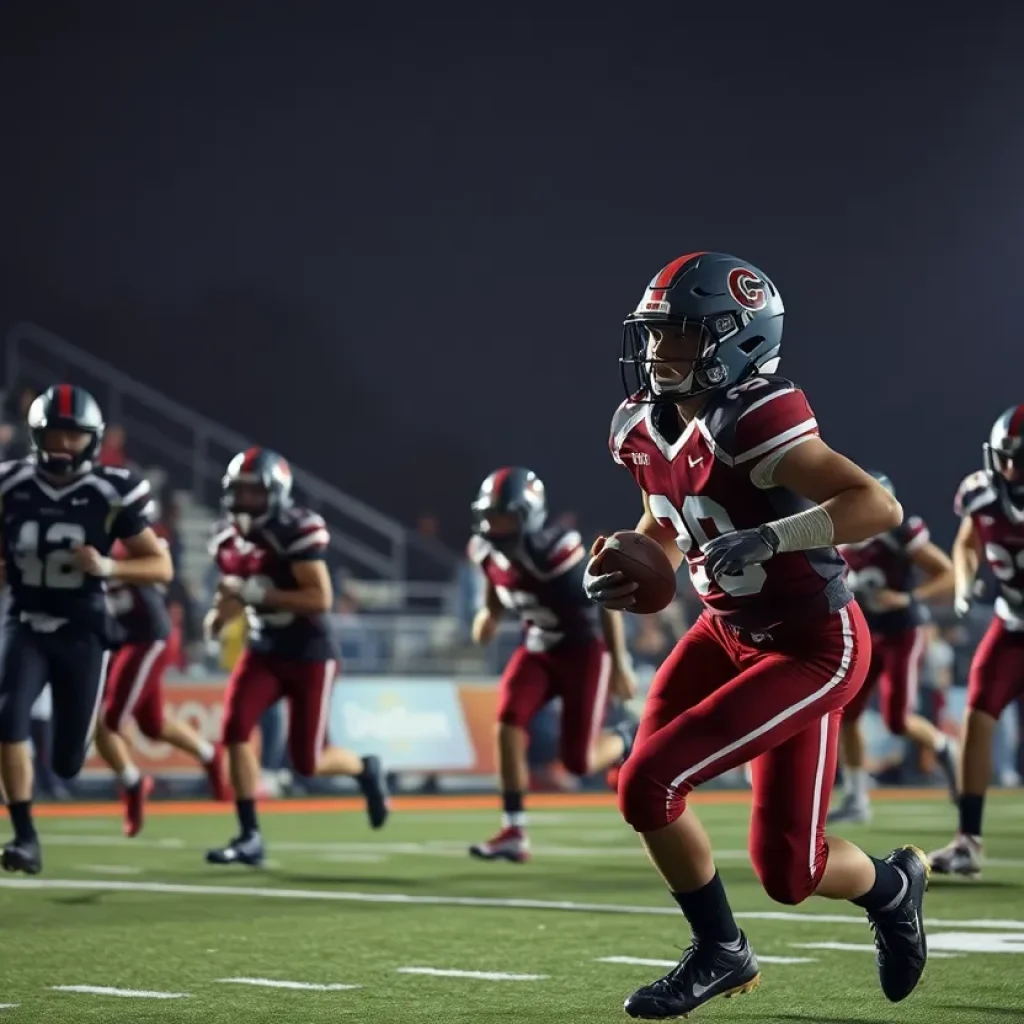 High school football players in action under stadium lights