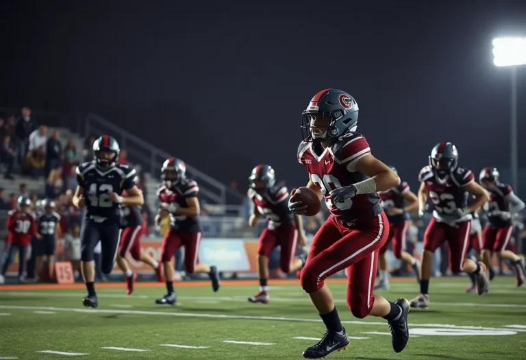 High school football players in action under stadium lights