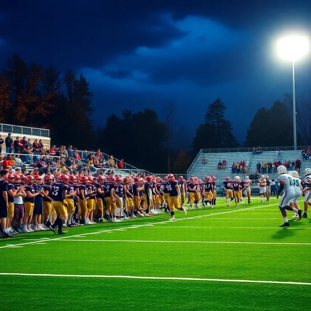Players competing in a high school football game with cheering fans.