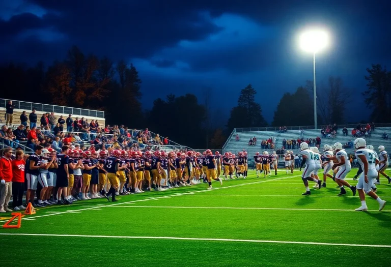 Players competing in a high school football game with cheering fans.