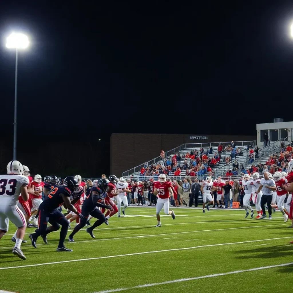 Exciting scene of high school football players competing under lights