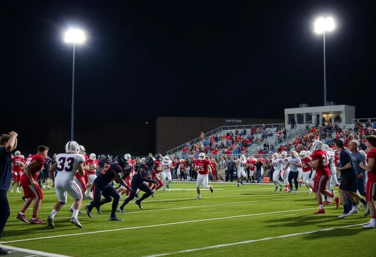 Exciting scene of high school football players competing under lights