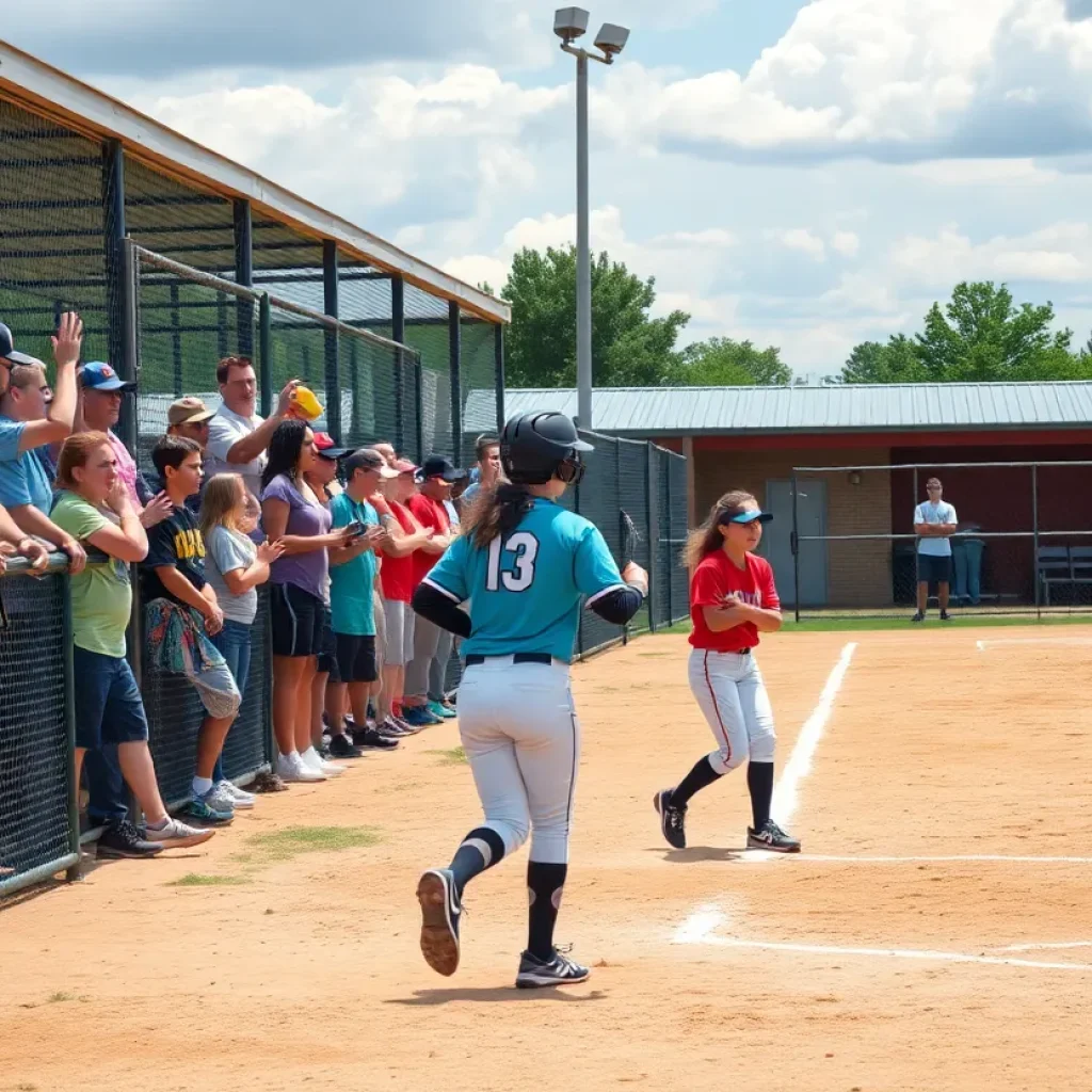 Crowd cheering during an Iowa High School Softball Tournament game at Rogers Sports Complex.