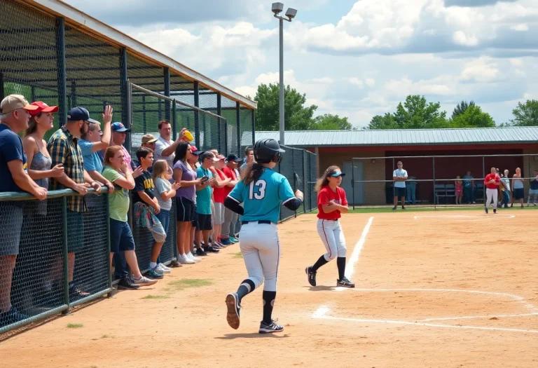 Crowd cheering during an Iowa High School Softball Tournament game at Rogers Sports Complex.