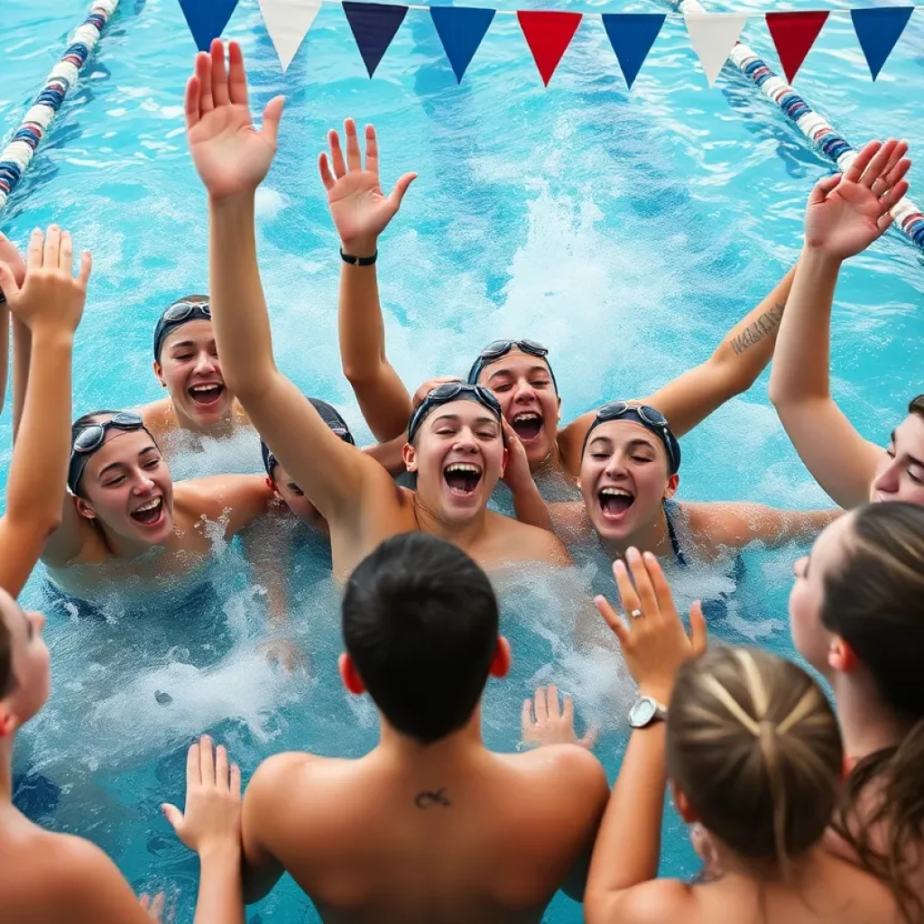 Jamestown High School swimming team celebrating at the meet