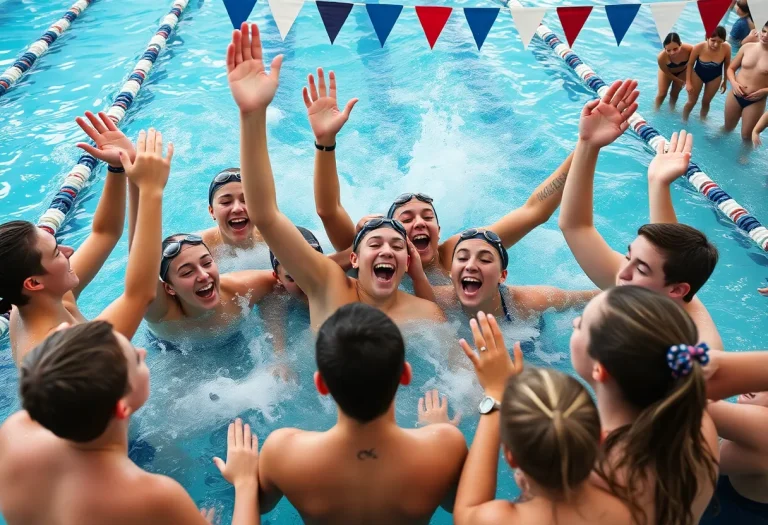 Jamestown High School swimming team celebrating at the meet