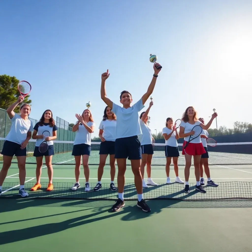 JDHS tennis team celebrating their championship win.