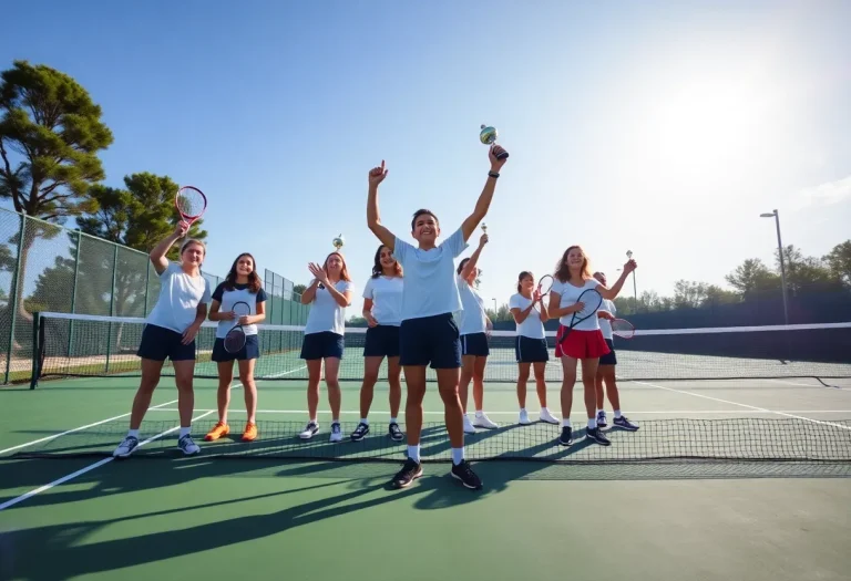 JDHS tennis team celebrating their championship win.