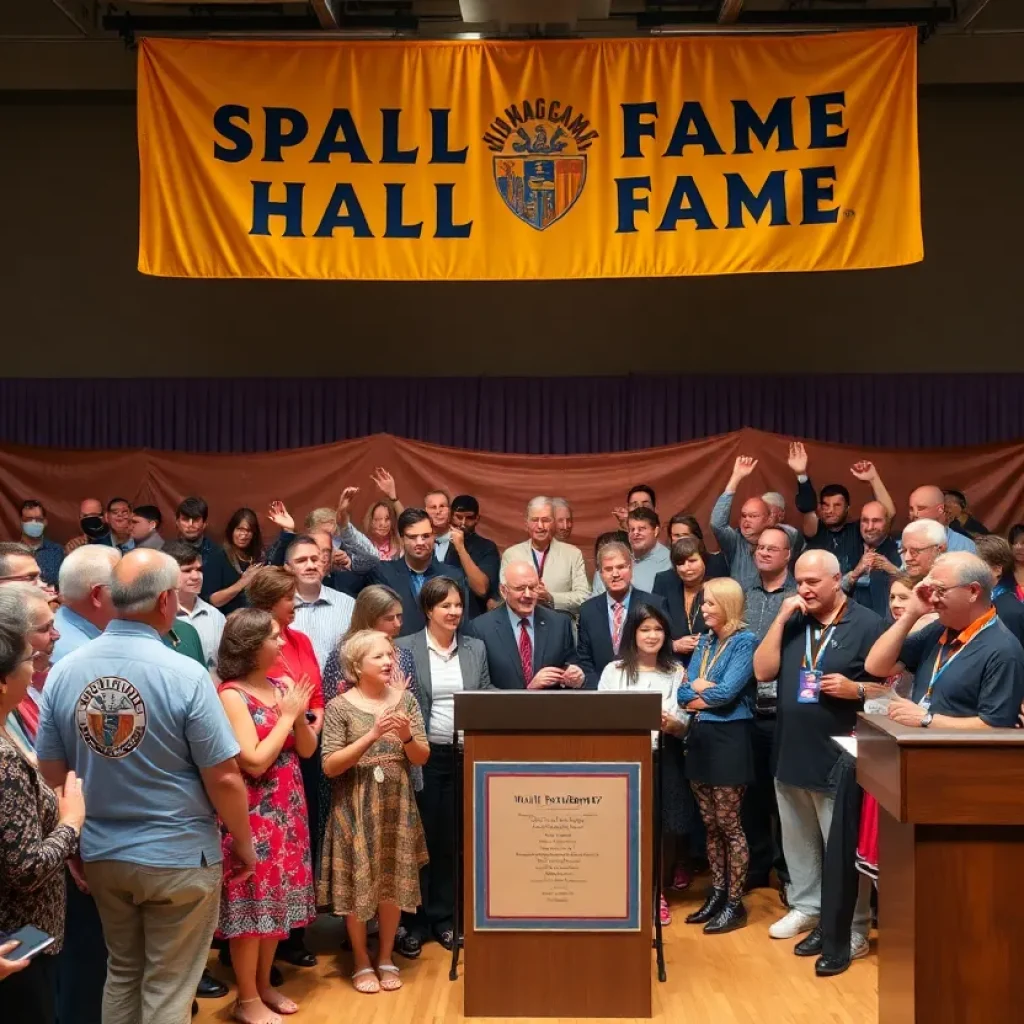 Crowd celebrating at the sports hall of fame induction ceremony