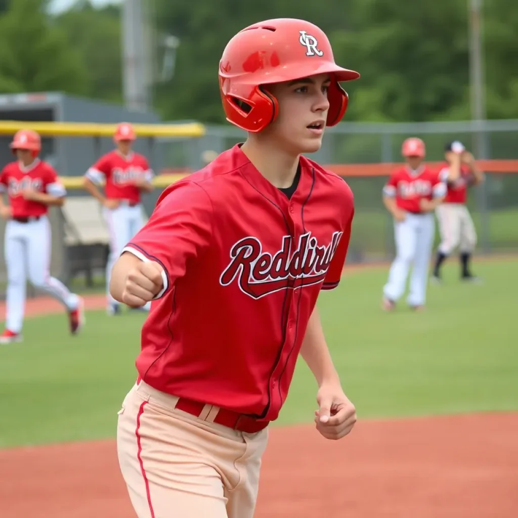 High school baseball player practicing on a field in Redbirds colors