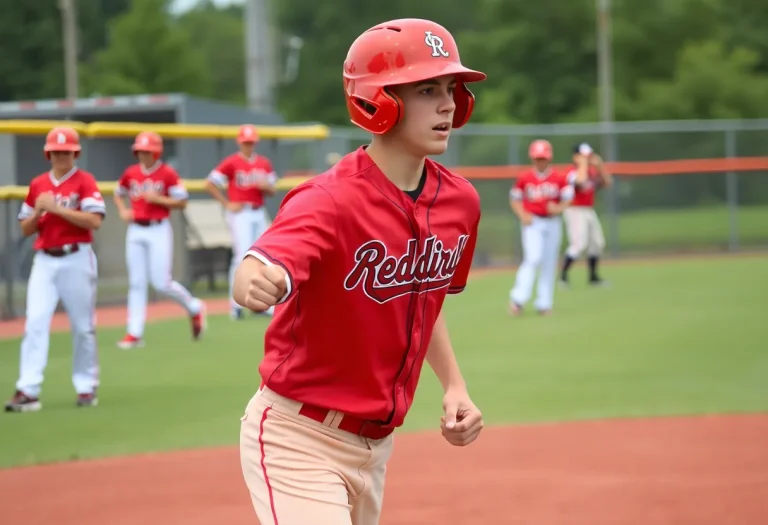 High school baseball player practicing on a field in Redbirds colors