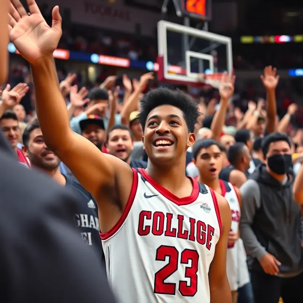 A group of basketball players celebrating a commitment announcement in a game setting.