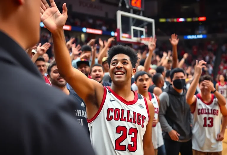 A group of basketball players celebrating a commitment announcement in a game setting.