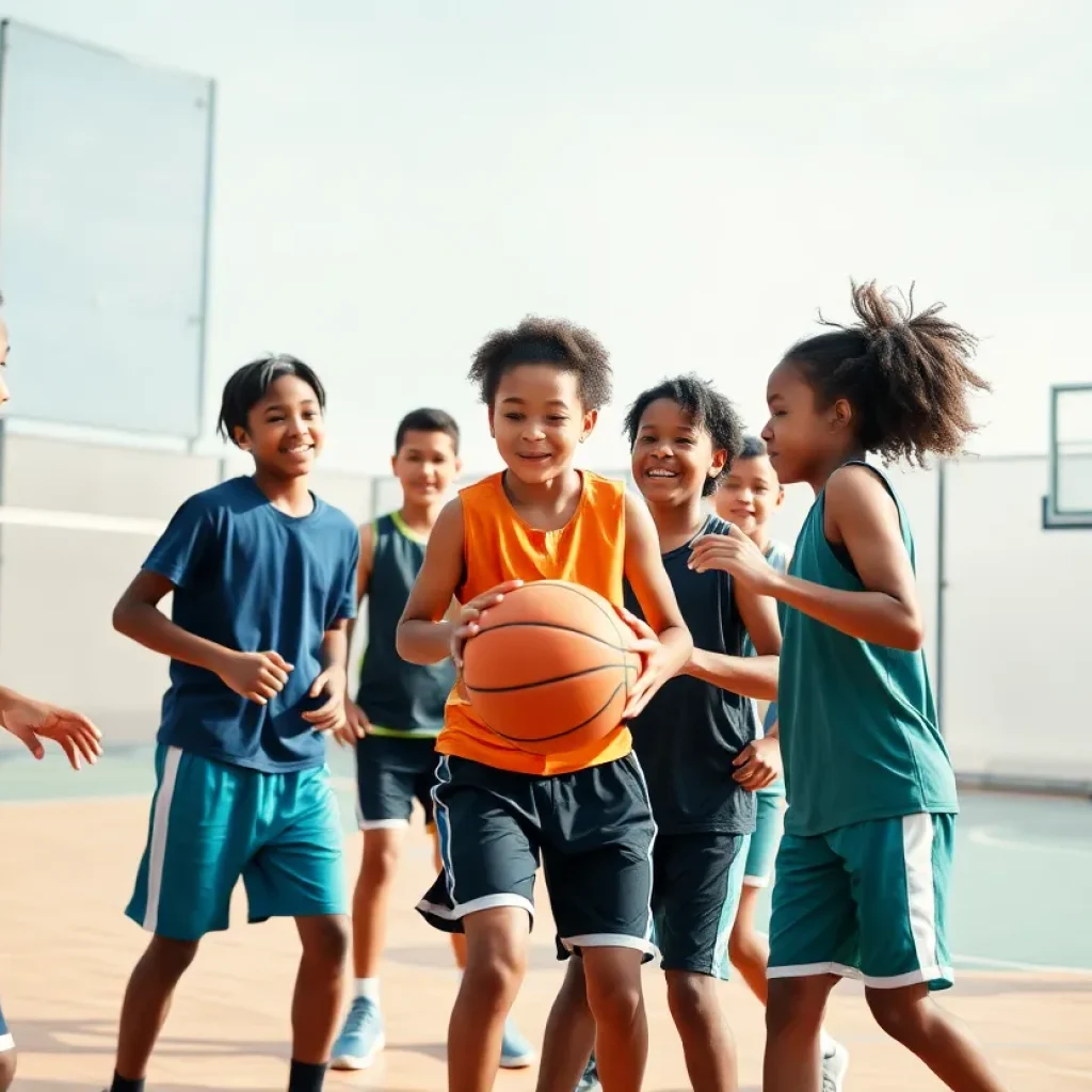 Young basketball players practicing teamwork on a court