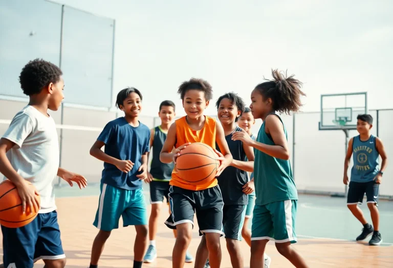 Young basketball players practicing teamwork on a court