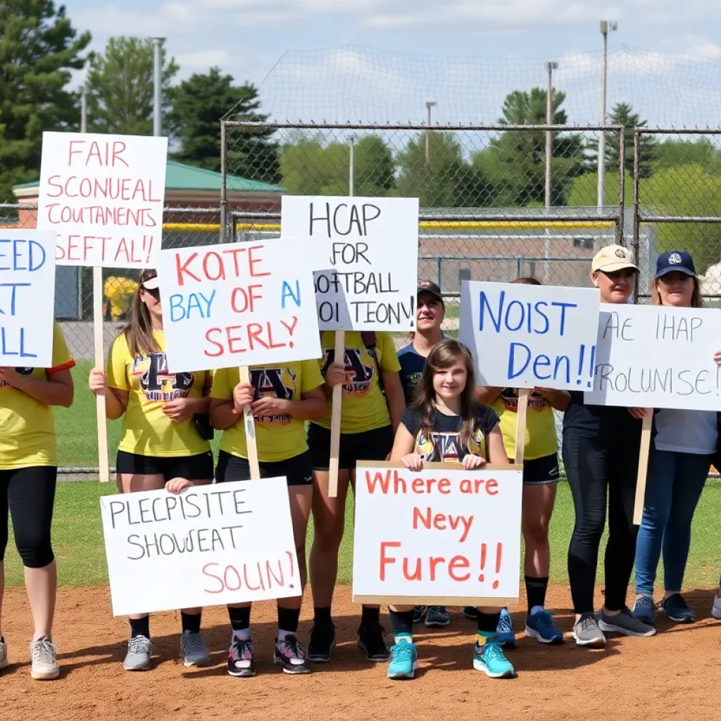 Young athletes protesting for fair treatment in high school softball tournaments.