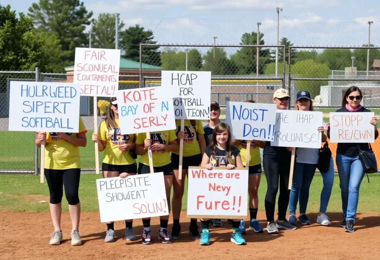 Young athletes protesting for fair treatment in high school softball tournaments.