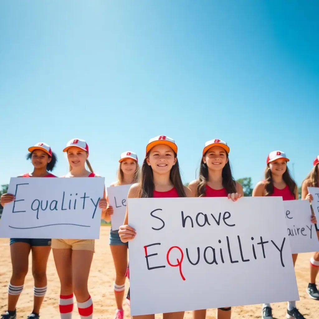 Young female athletes rallying for equal treatment in sports