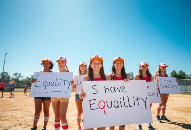Young female athletes rallying for equal treatment in sports