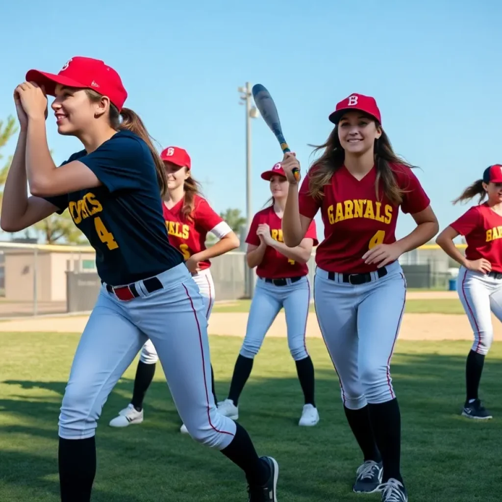 High school softball players at practice in a recreational field