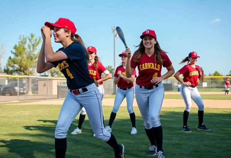 High school softball players at practice in a recreational field