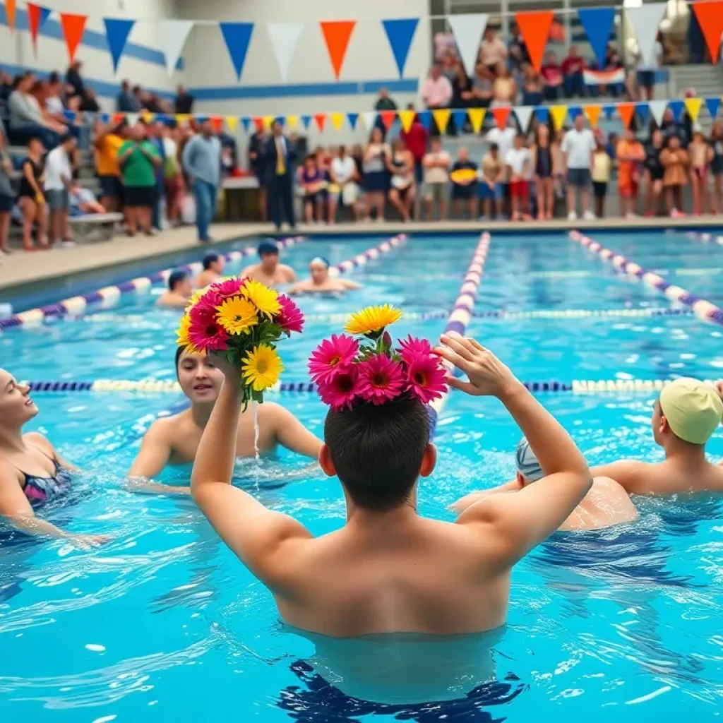 Senior swimmers celebrating their final home meet with flowers and cheers