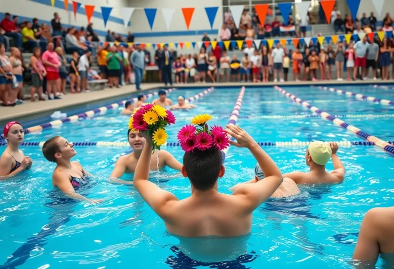 Senior swimmers celebrating their final home meet with flowers and cheers