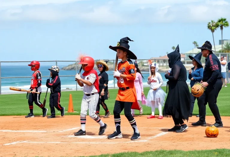Halloween baseball game with players in costumes