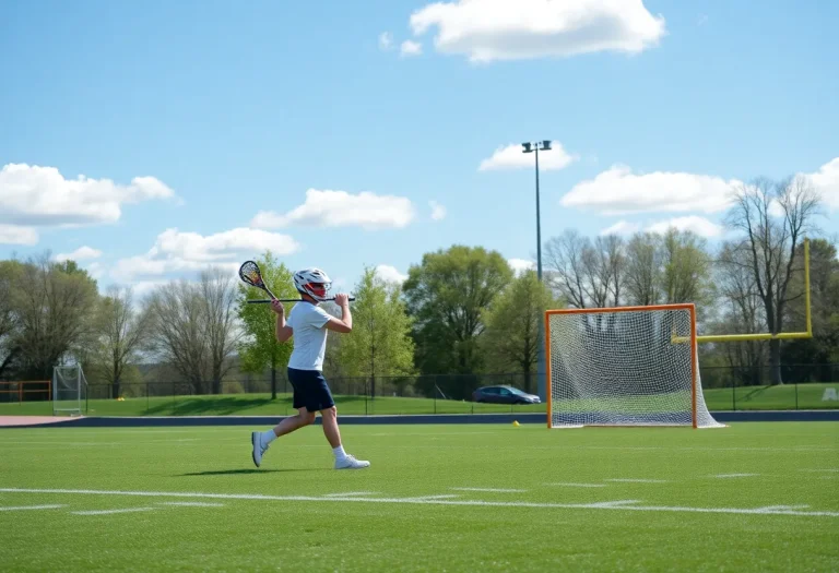 Lacrosse player practicing shooting skills on a field