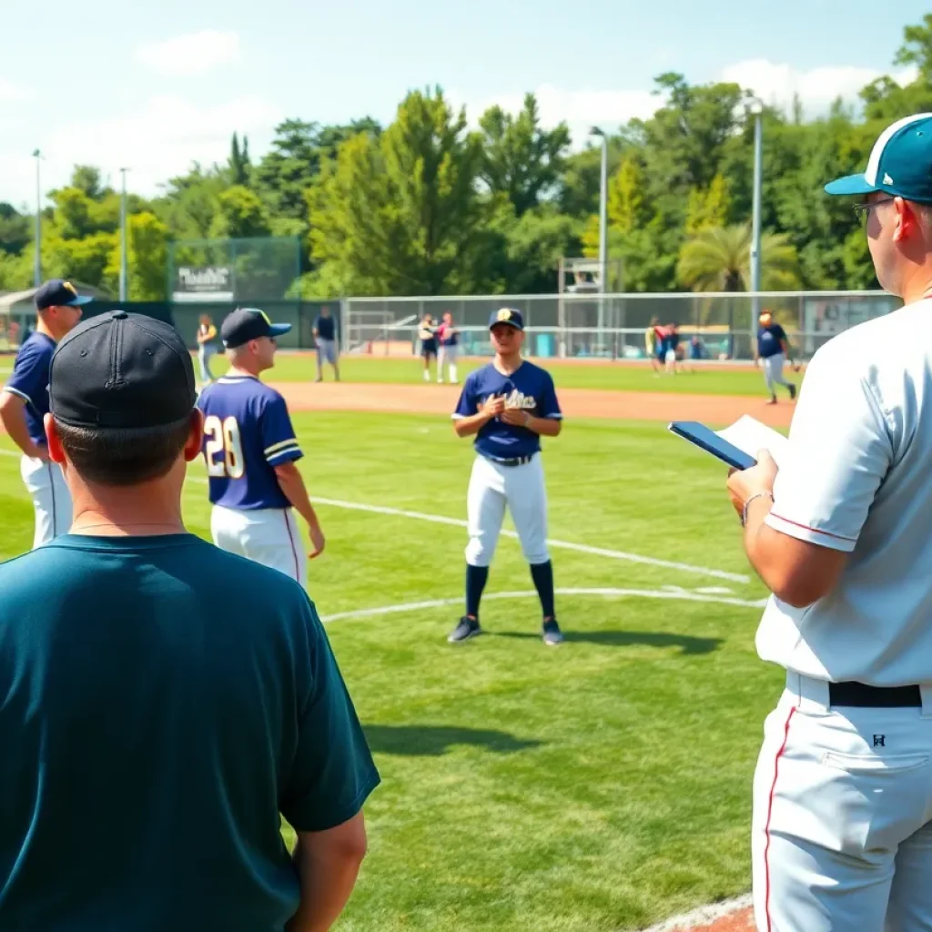 High school players participating in a baseball showcase