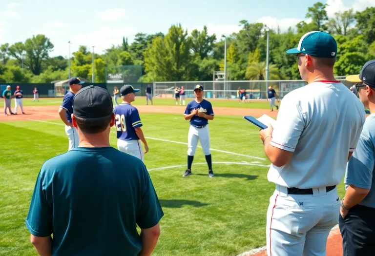 High school players participating in a baseball showcase