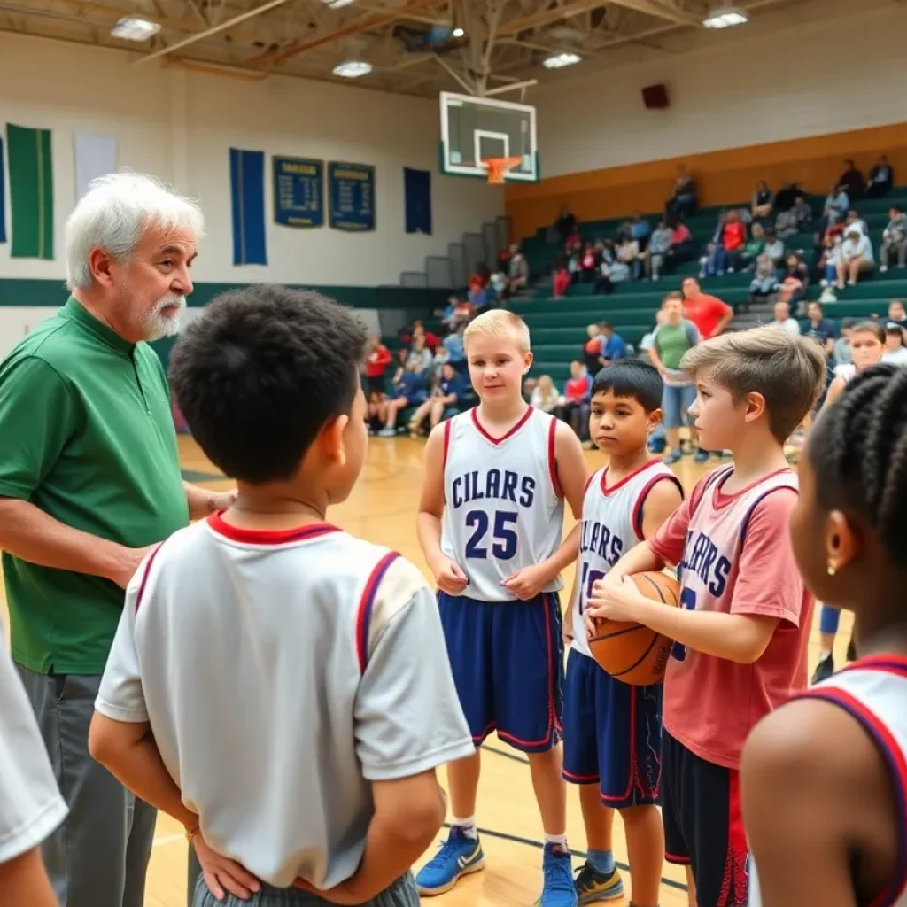 Basketball coach guiding young athletes in practice