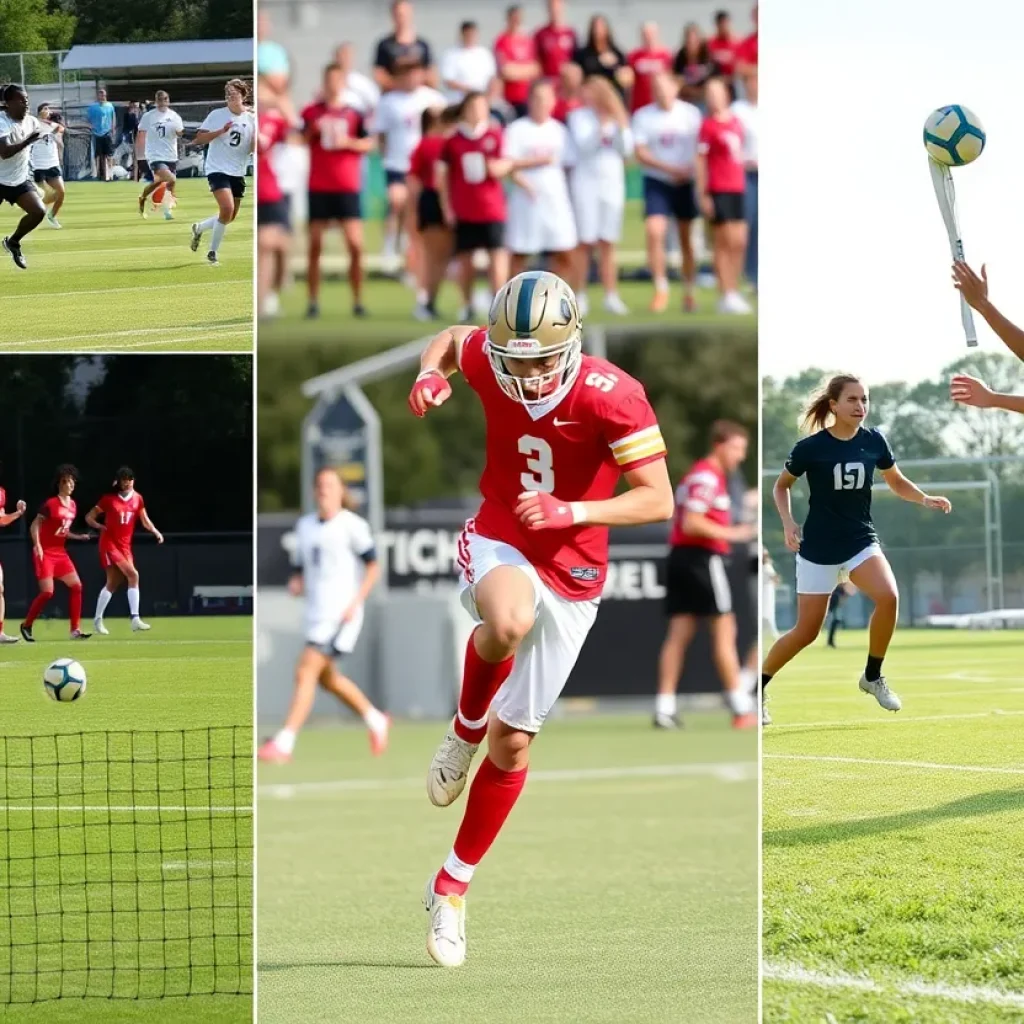 High school sports teams from Lincoln County engaging in soccer, football, and volleyball games.