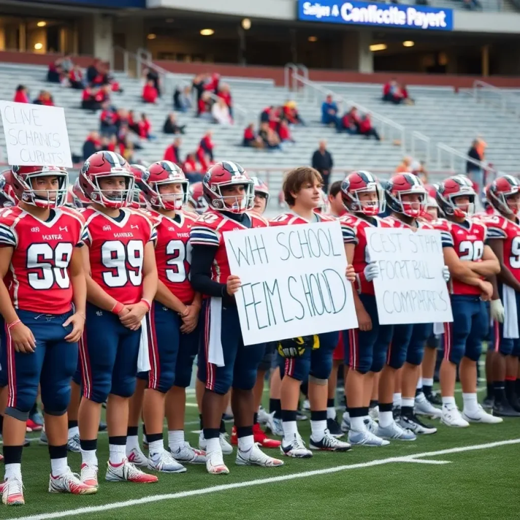 Football players from Lincoln High School showing team spirit on the sidelines.