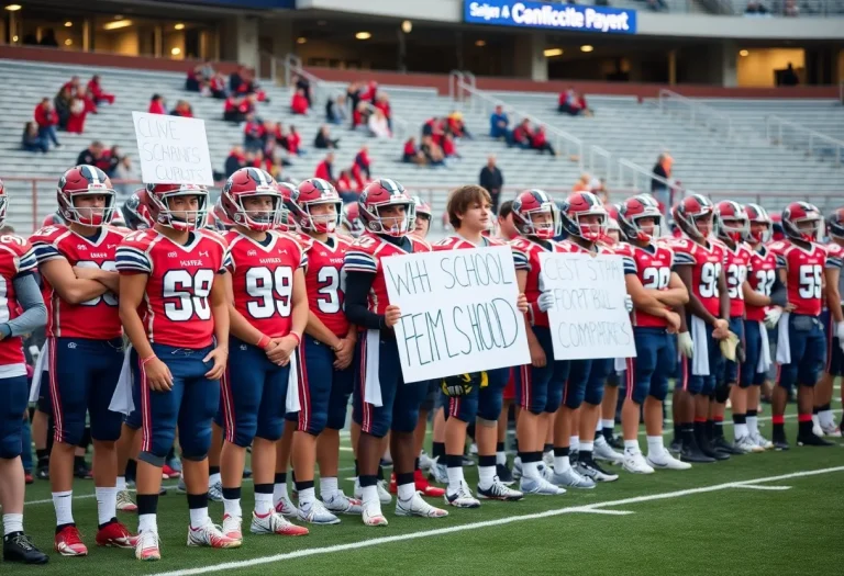 Football players from Lincoln High School showing team spirit on the sidelines.