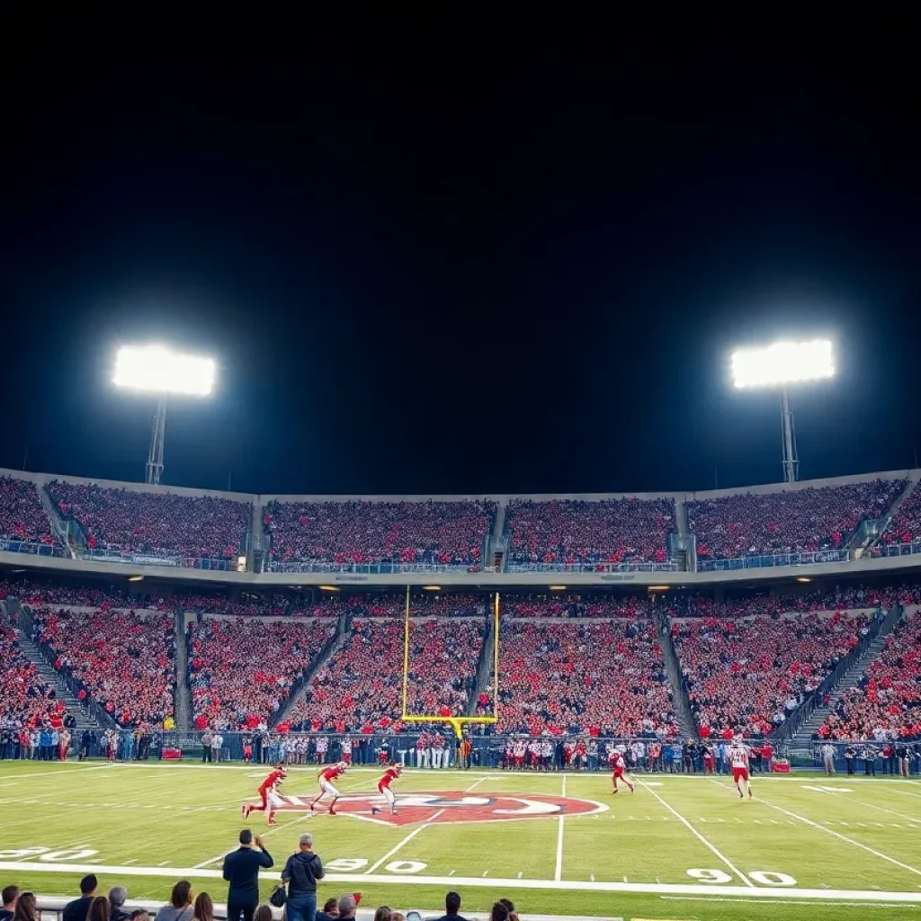 Lincoln high school football game with players in action under stadium lights