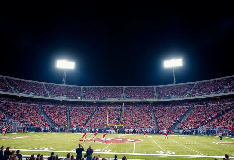 Lincoln high school football game with players in action under stadium lights