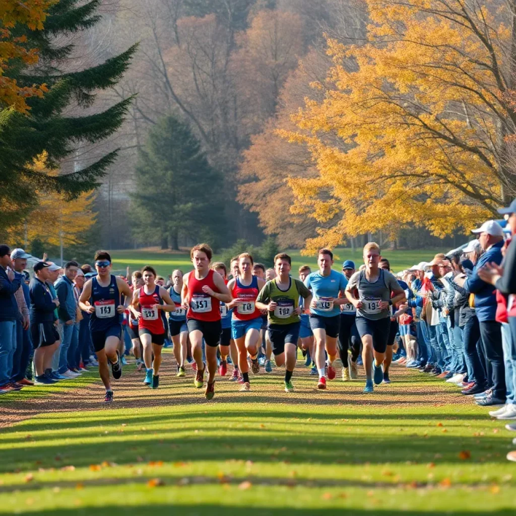 Cross country runners competing in a regional meet on an autumn day.