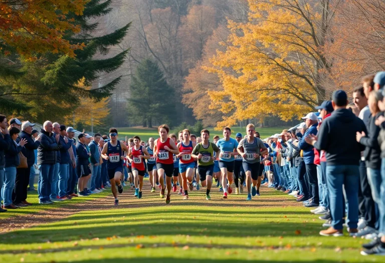 Cross country runners competing in a regional meet on an autumn day.