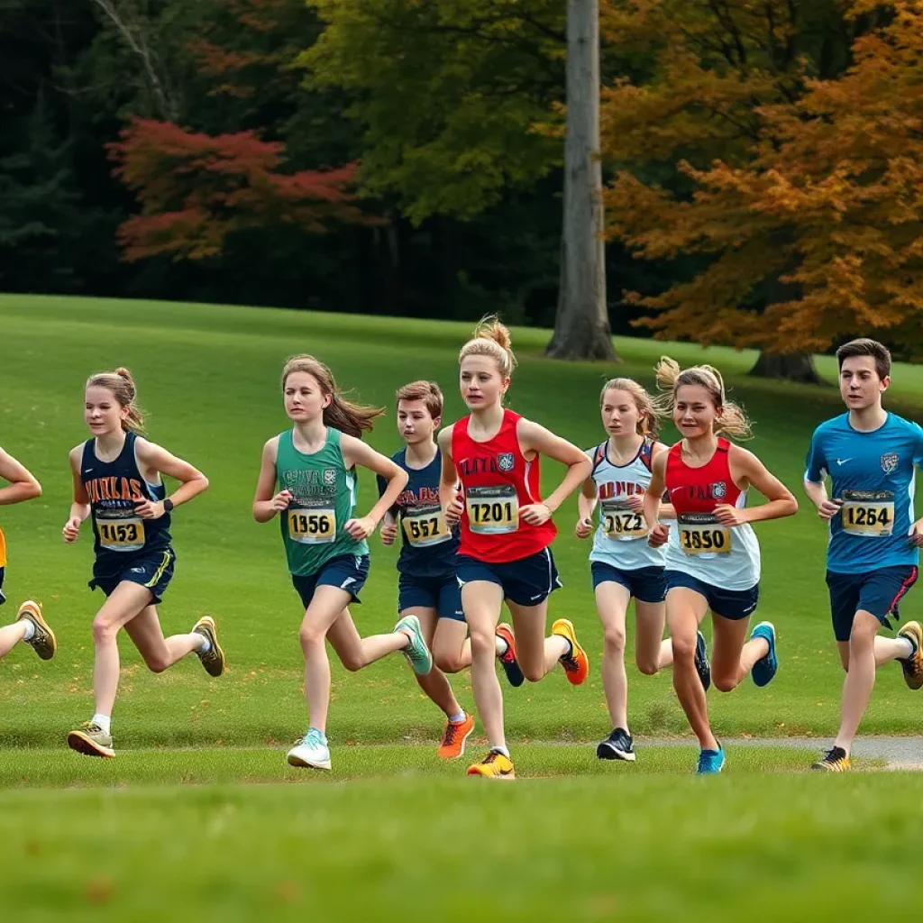 Los Gatos High School cross country runners racing through a park