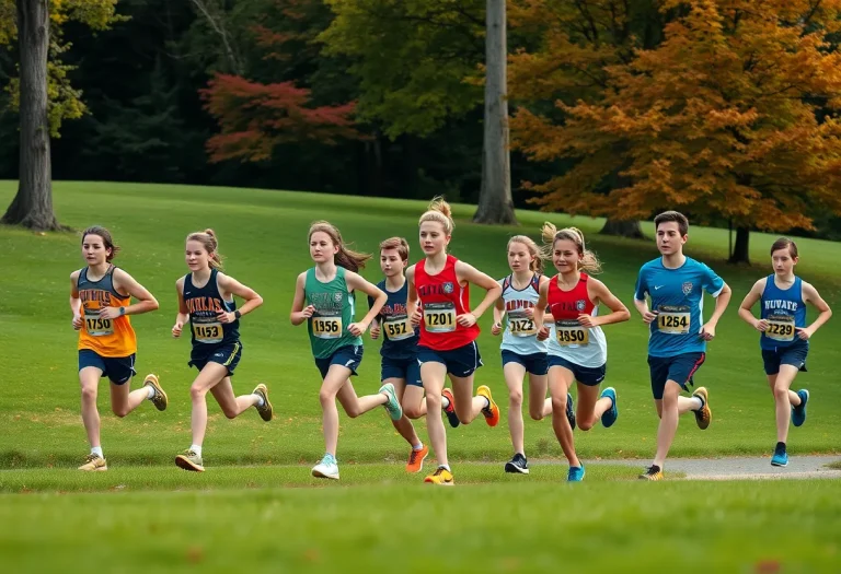 Los Gatos High School cross country runners racing through a park