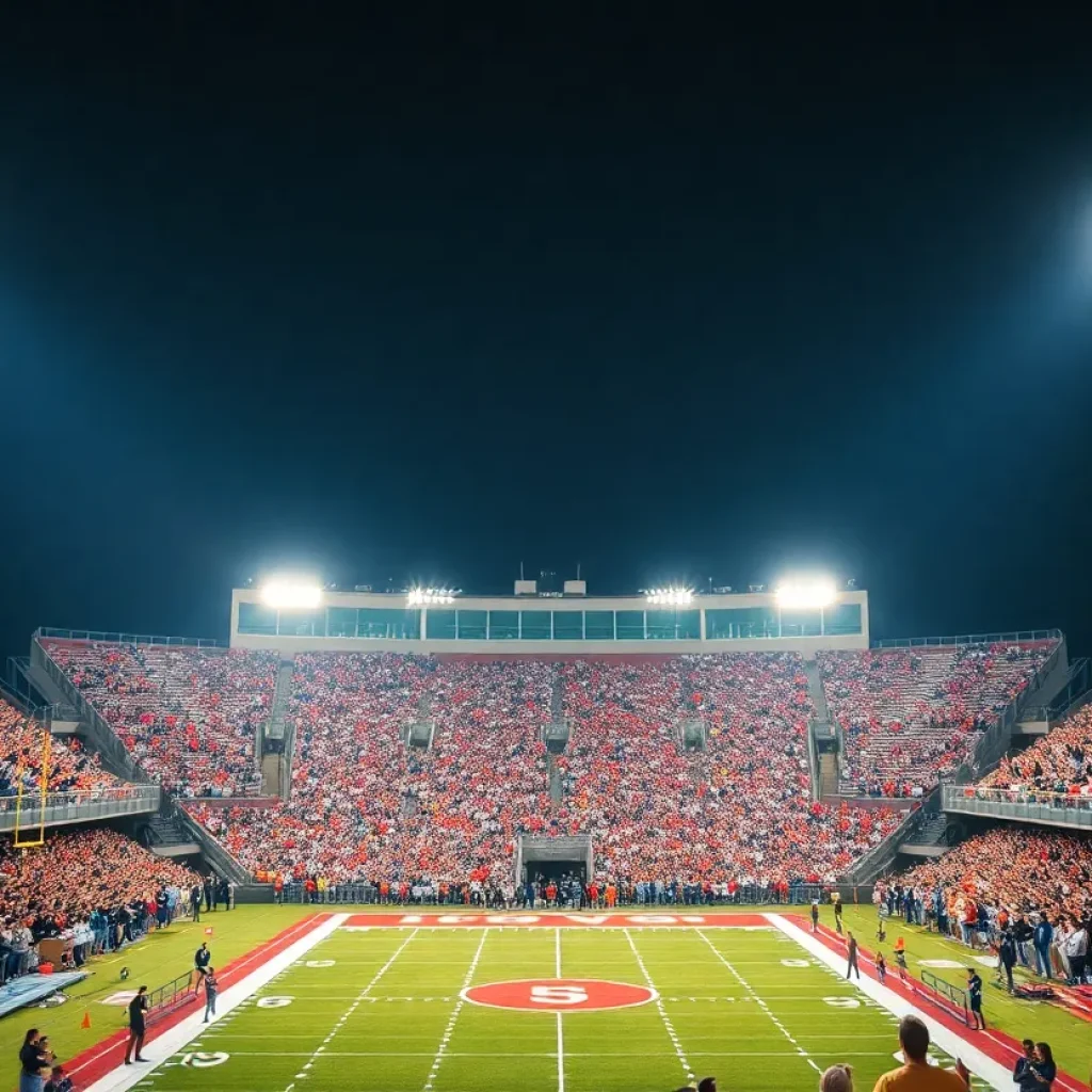 High school football game in Louisiana at night with cheering fans and players.