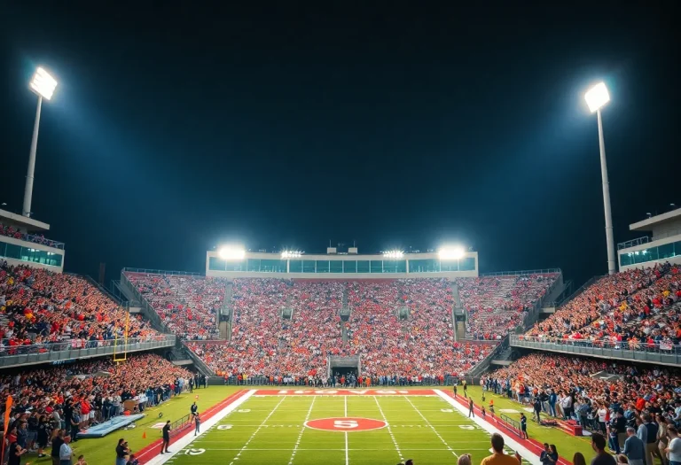High school football game in Louisiana at night with cheering fans and players.