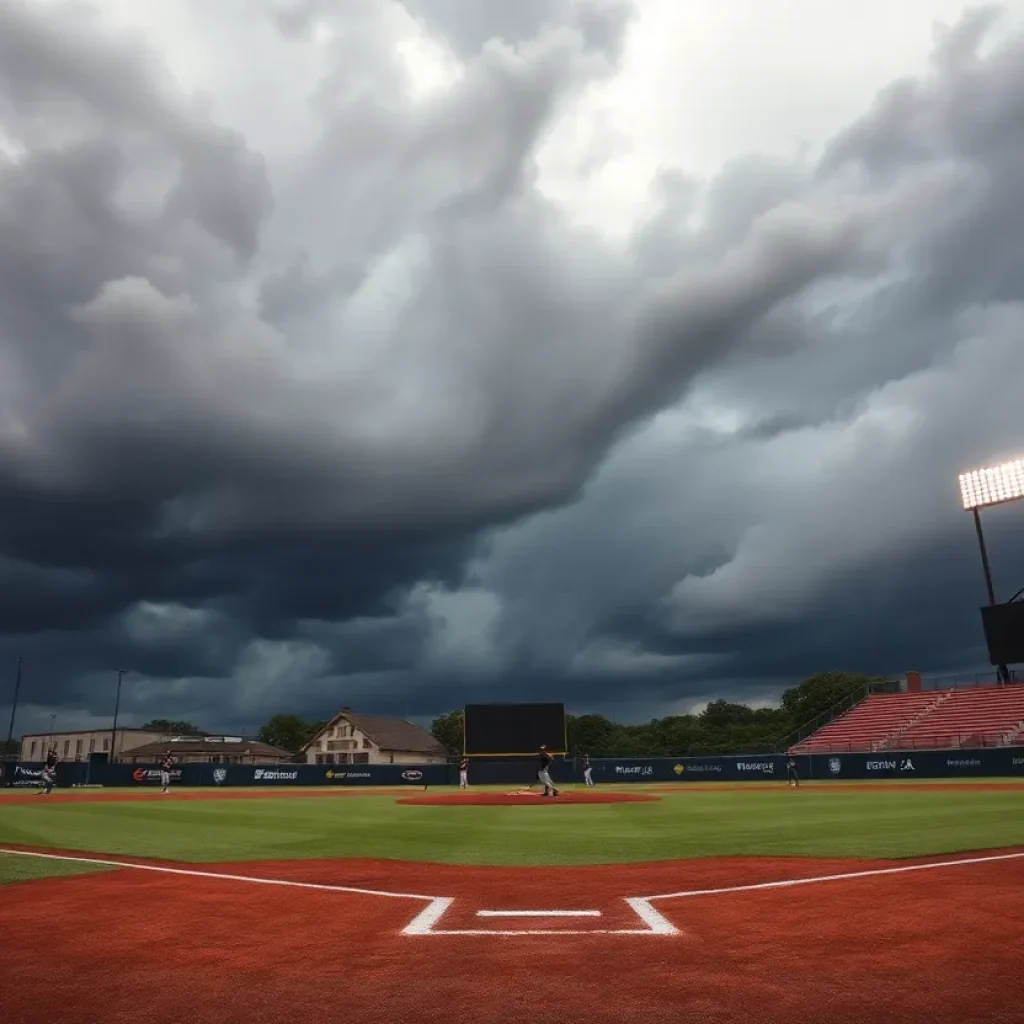 A baseball field at LSU with players practicing.
