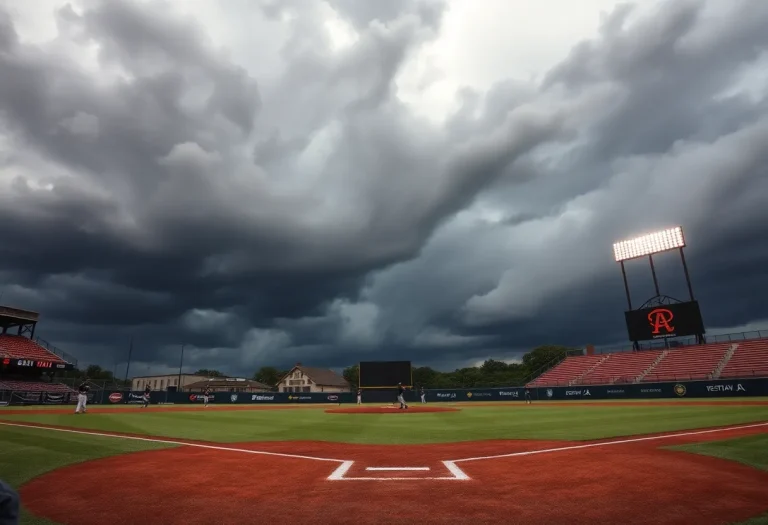 A baseball field at LSU with players practicing.