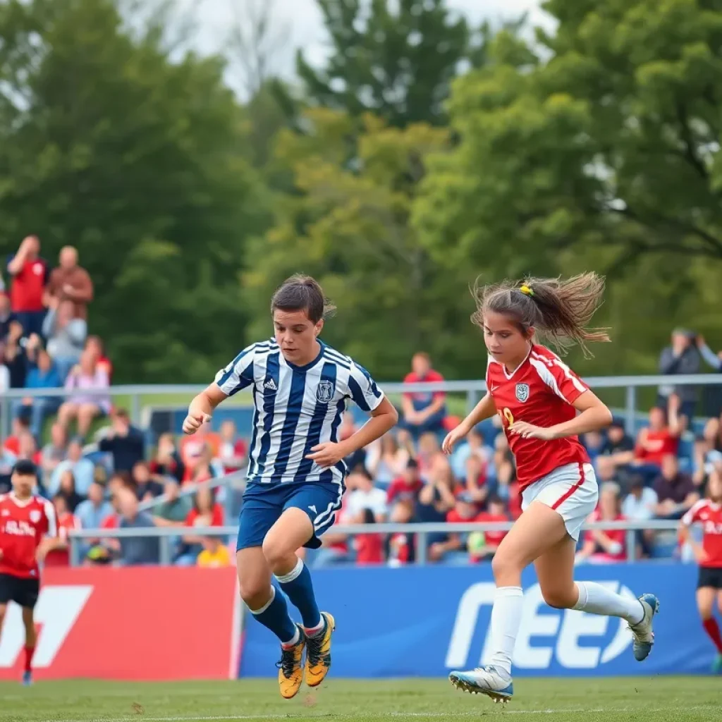 High school boys soccer players in action on the field